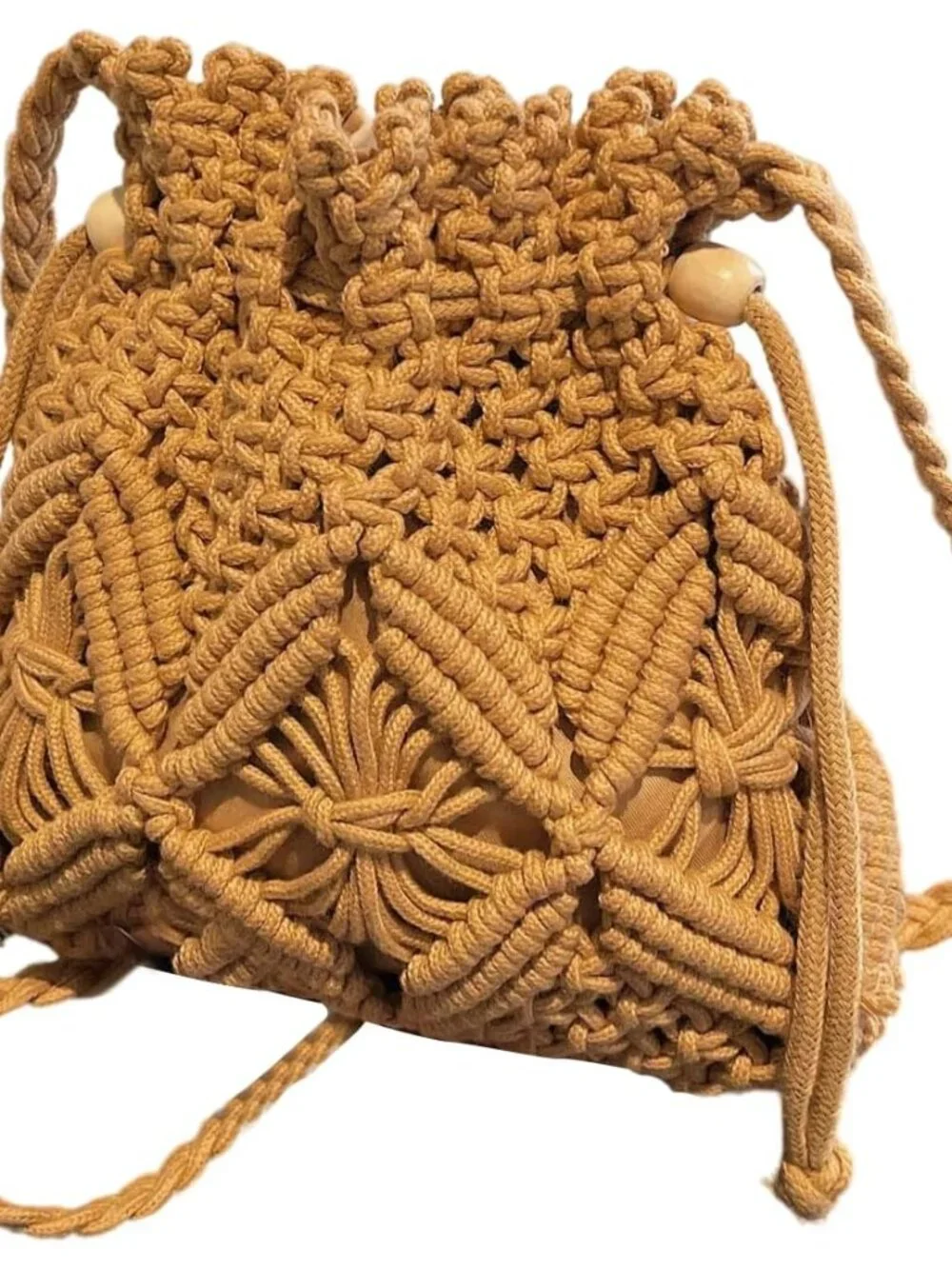 Women's Braided Bucket Bag Drawstring Crossbody Bags Hollow Out Crochet Shoulder